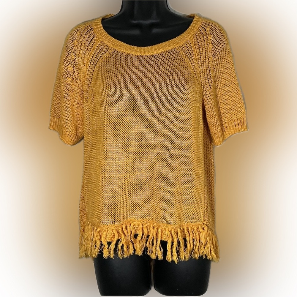 J. Crew Mustard Yellow Open-Knit Fringe Sweater Top XS